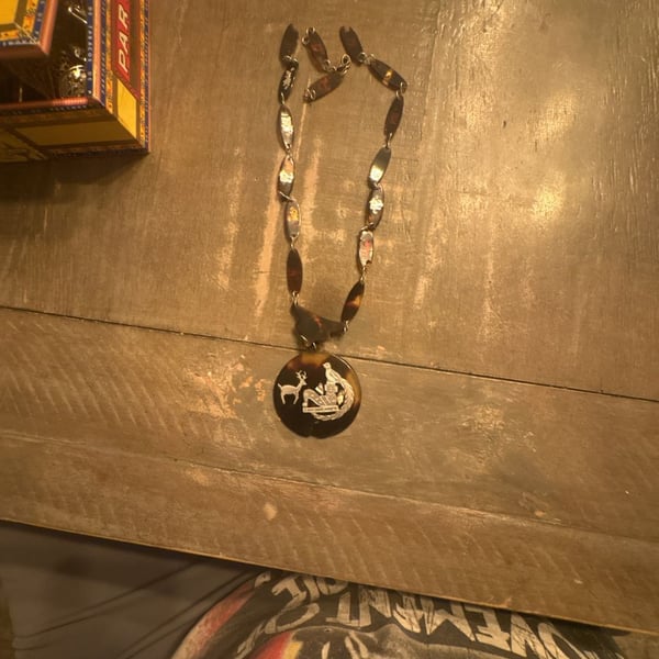 Vintage Tortoiseshell and Sterling Silver Inlaid Pendant Necklace