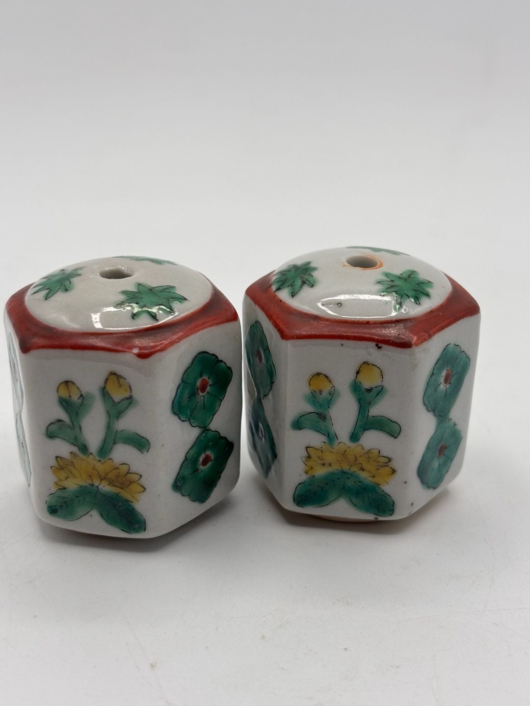 Vintage Japanese Kutani Hand Painted Porcelain Hexagonal Salt Shakers 1