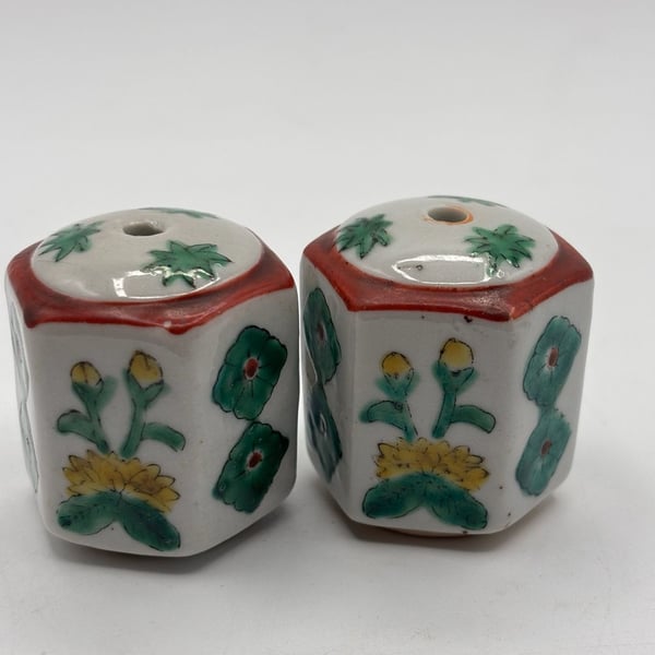 Vintage Japanese Kutani Hand Painted Porcelain Hexagonal Salt Shakers