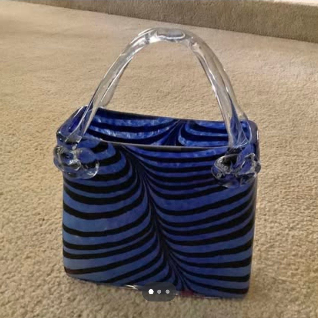 Murano Style Art Glass Handbag Vase Blue Black Swirl Pur 1