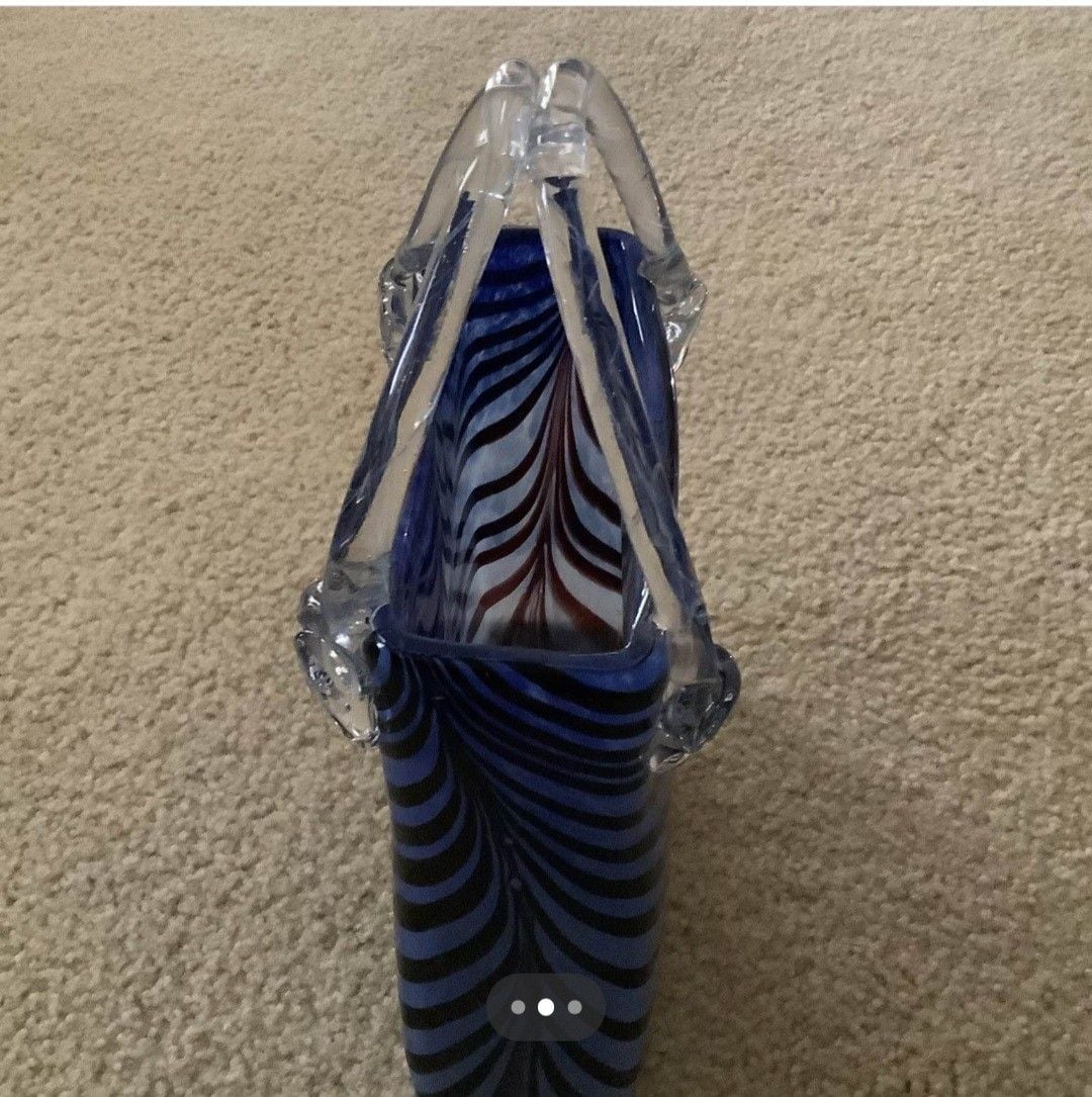 Murano Style Art Glass Handbag Vase Blue Black Swirl Pur 2