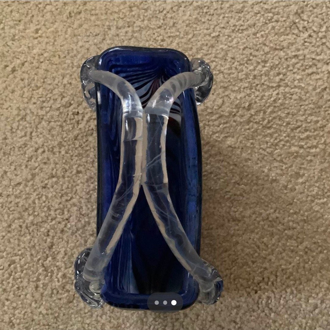 Murano Style Art Glass Handbag Vase Blue Black Swirl Pur 3