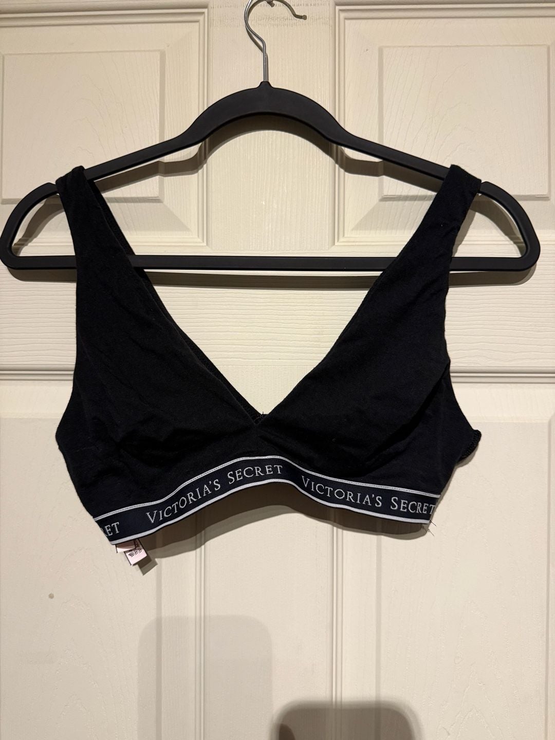 Victoria's Secret Wireless Cotton Plunge Bralette Size M Black Logo Band 2
