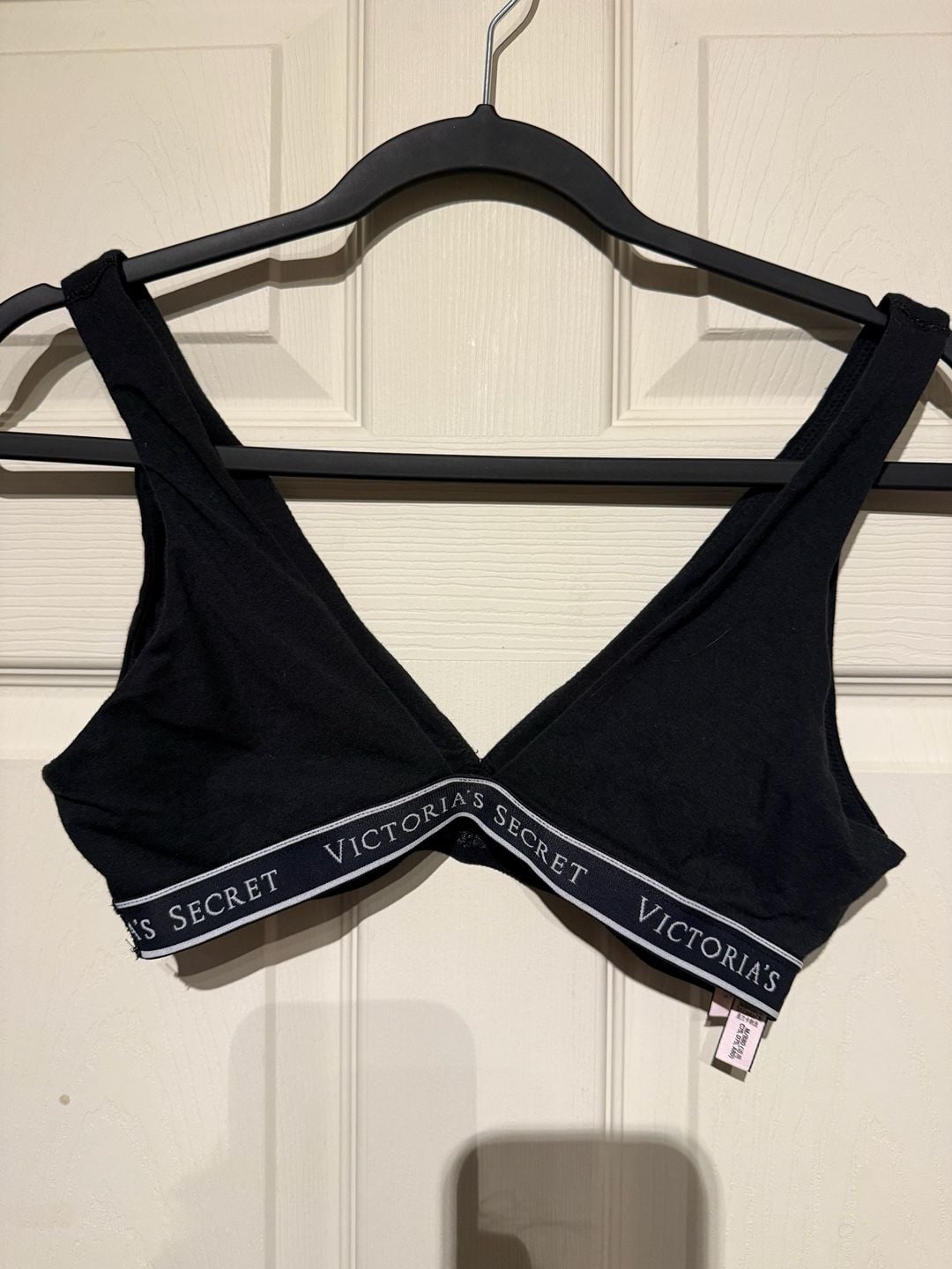 Victoria's Secret Wireless Cotton Plunge Bralette Size M Black Logo Band 3