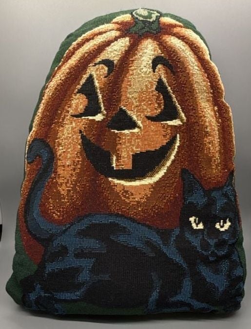Woven Tapestry Pumpkin Black Cat Pillow 14x10 Halloween Primitive Folk Art Vtg 4