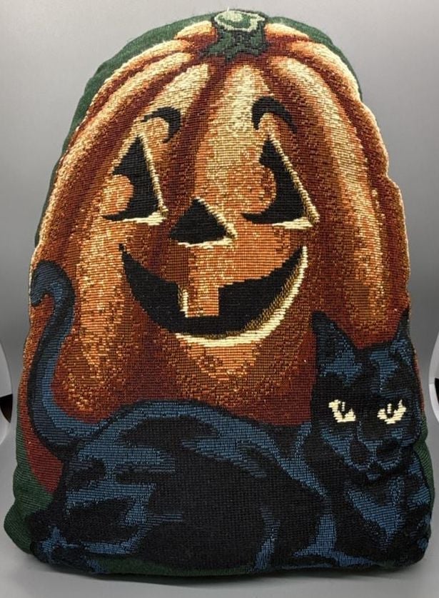 Woven Tapestry Pumpkin Black Cat Pillow 14x10 Halloween Primitive Folk Art Vtg 5