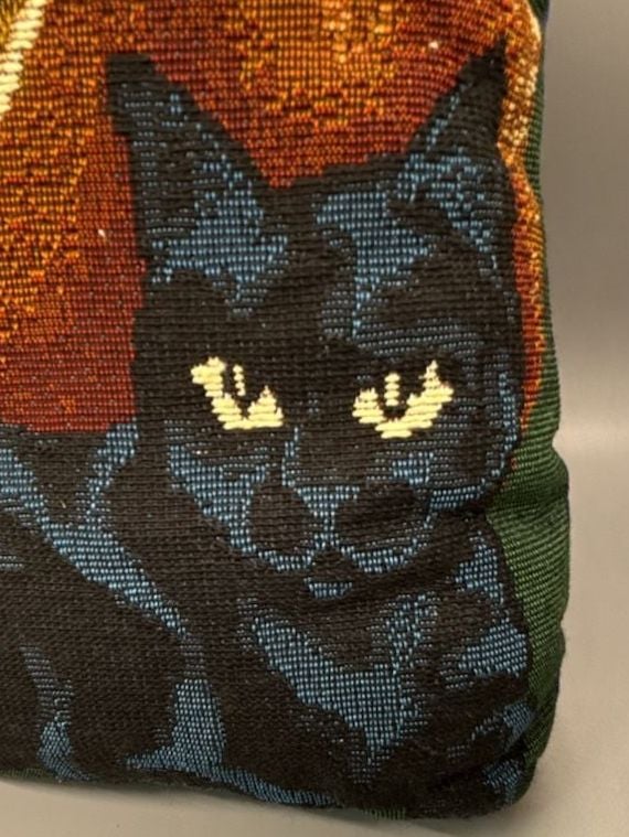 Woven Tapestry Pumpkin Black Cat Pillow 14x10 Halloween Primitive Folk Art Vtg 6