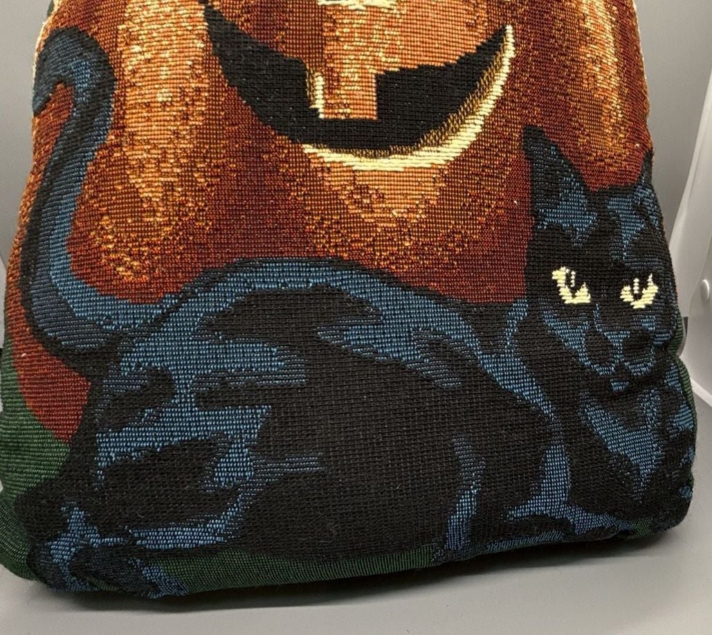 Woven Tapestry Pumpkin Black Cat Pillow 14x10 Halloween Primitive Folk Art Vtg 8