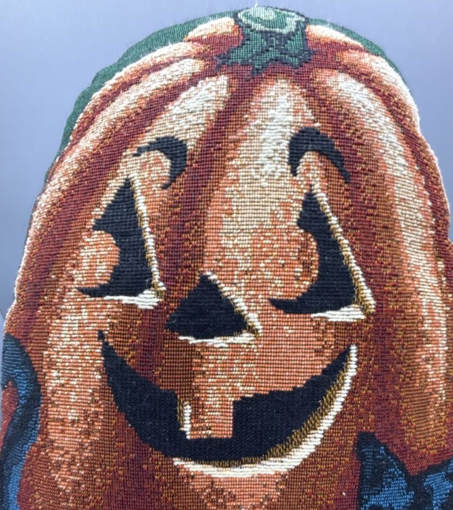 Woven Tapestry Pumpkin Black Cat Pillow 14x10 Halloween Primitive Folk Art Vtg 7