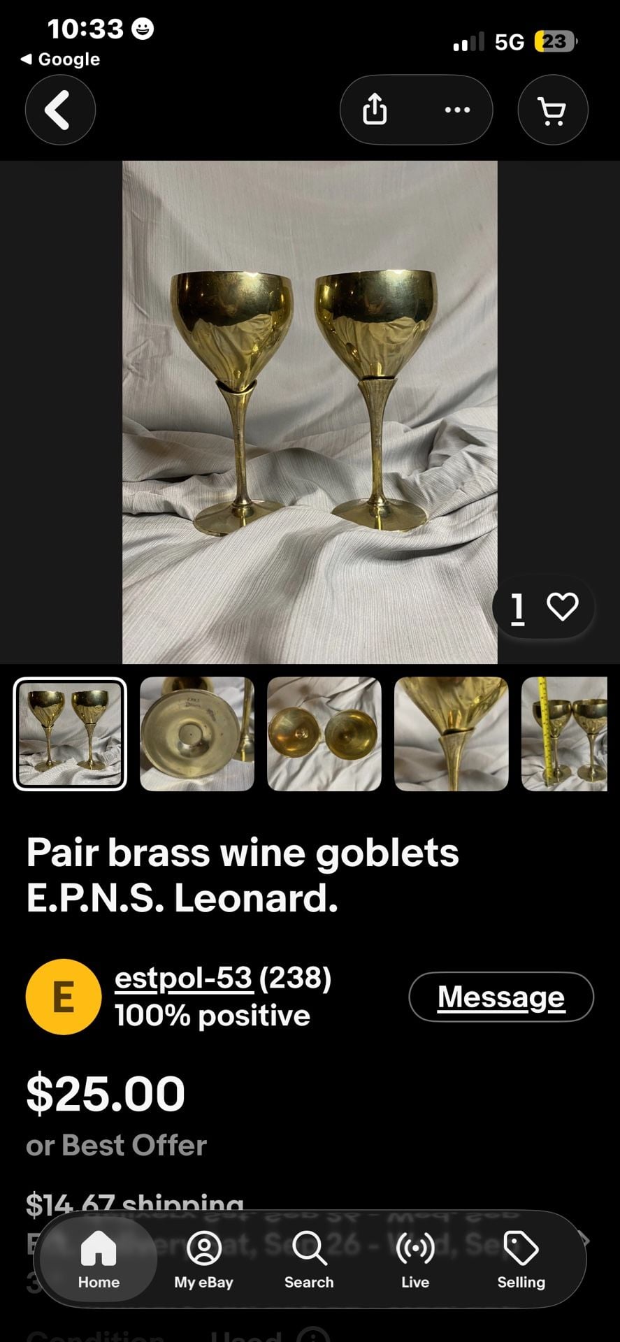 Leonard Wine Goblets E.P.N.S. Set of 3 Brass Chalice Cups 6