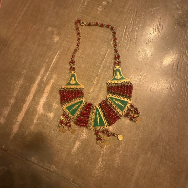 Egyptian Revival Statement Bib Necklace Green Enamel Red Beads