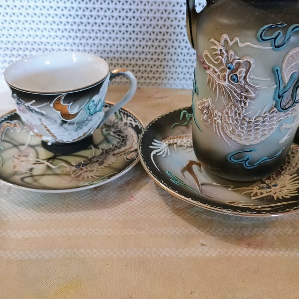 Victoria China Hand Painted Moriage Dragonware Tea Cup and Saucer Set