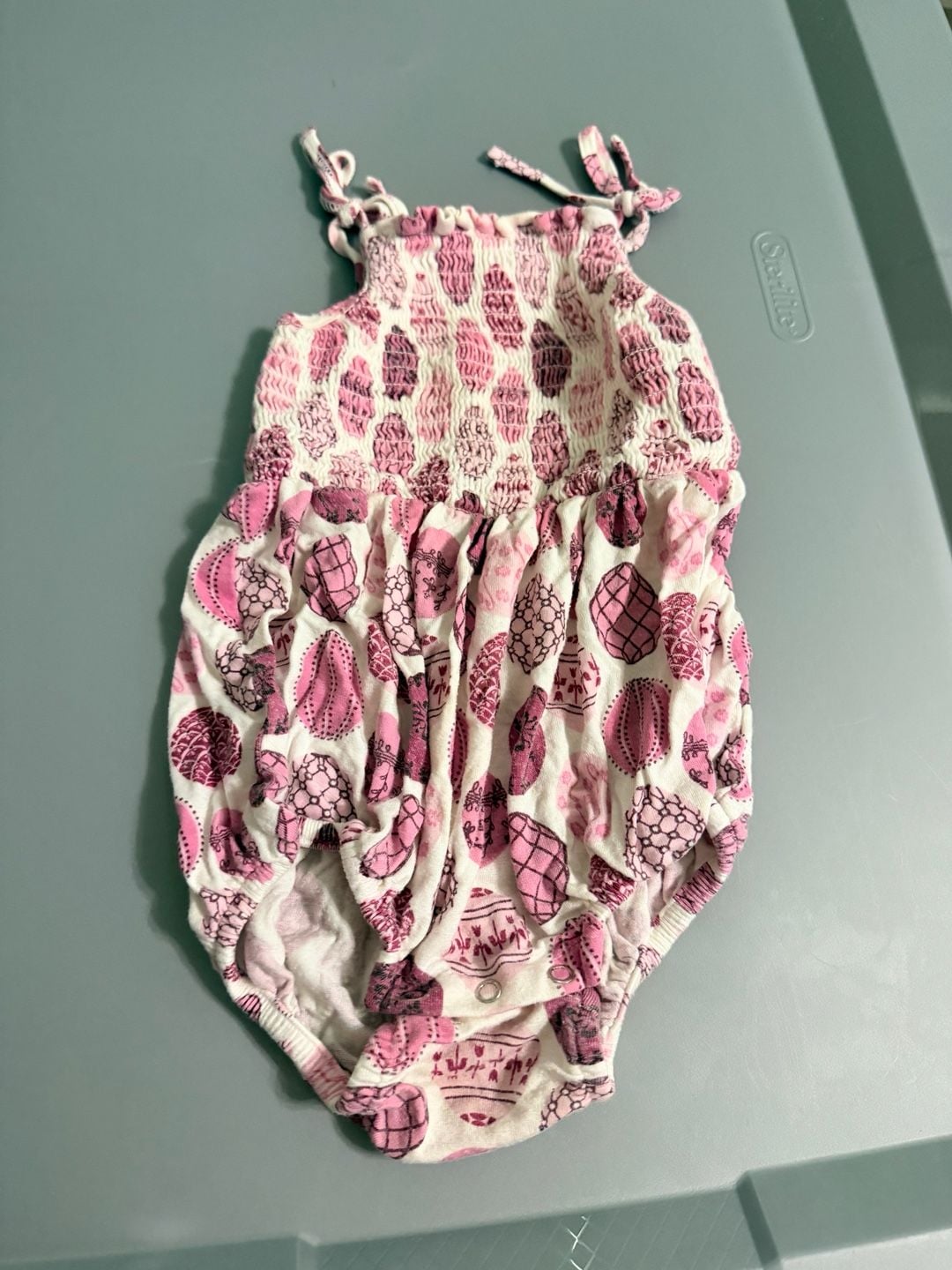 Kate Quinn Smocked Bubble Romper Size 6-12M Pink Easter Egg Print 1