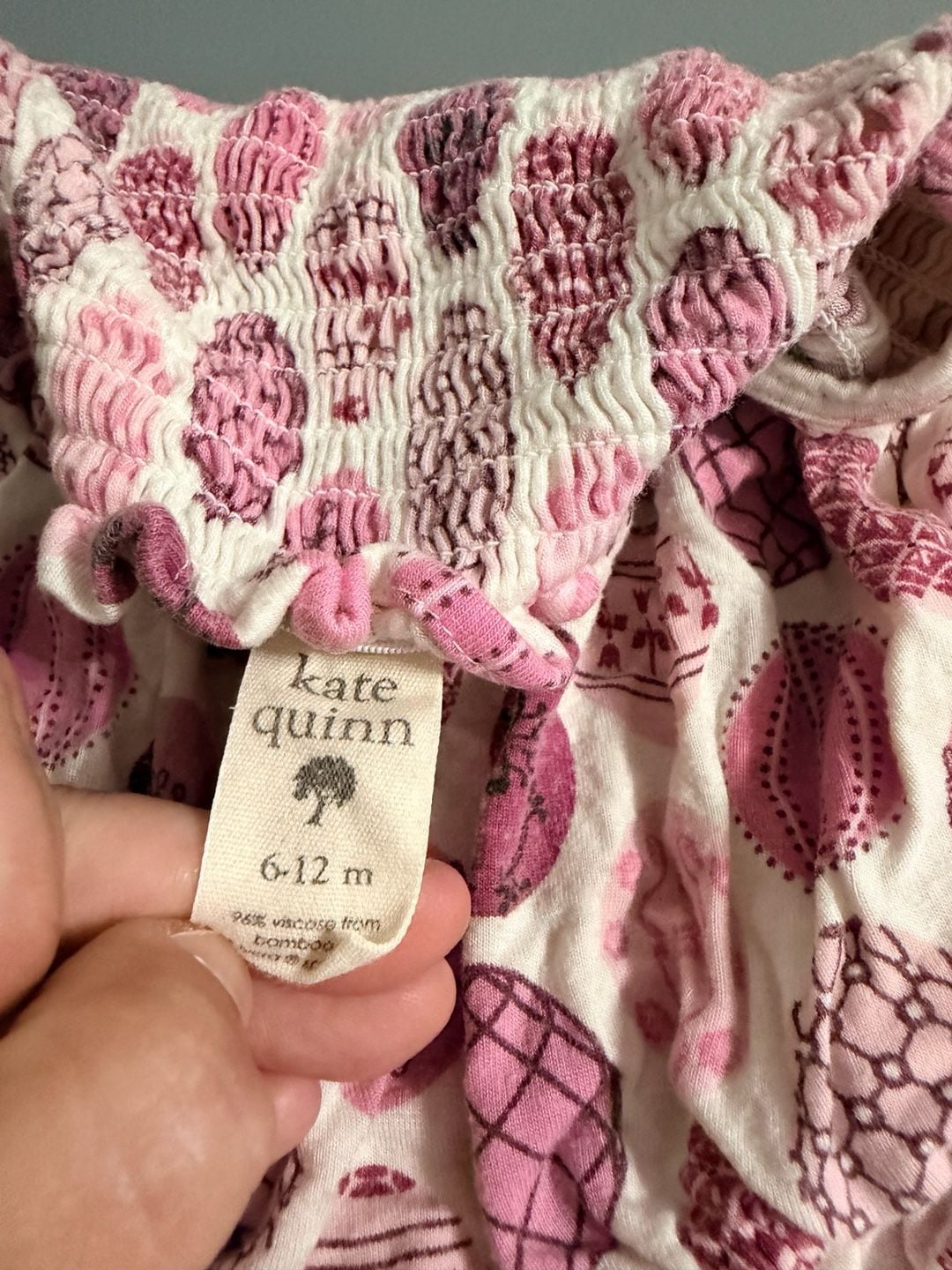 Kate Quinn Smocked Bubble Romper Size 6-12M Pink Easter Egg Print 2