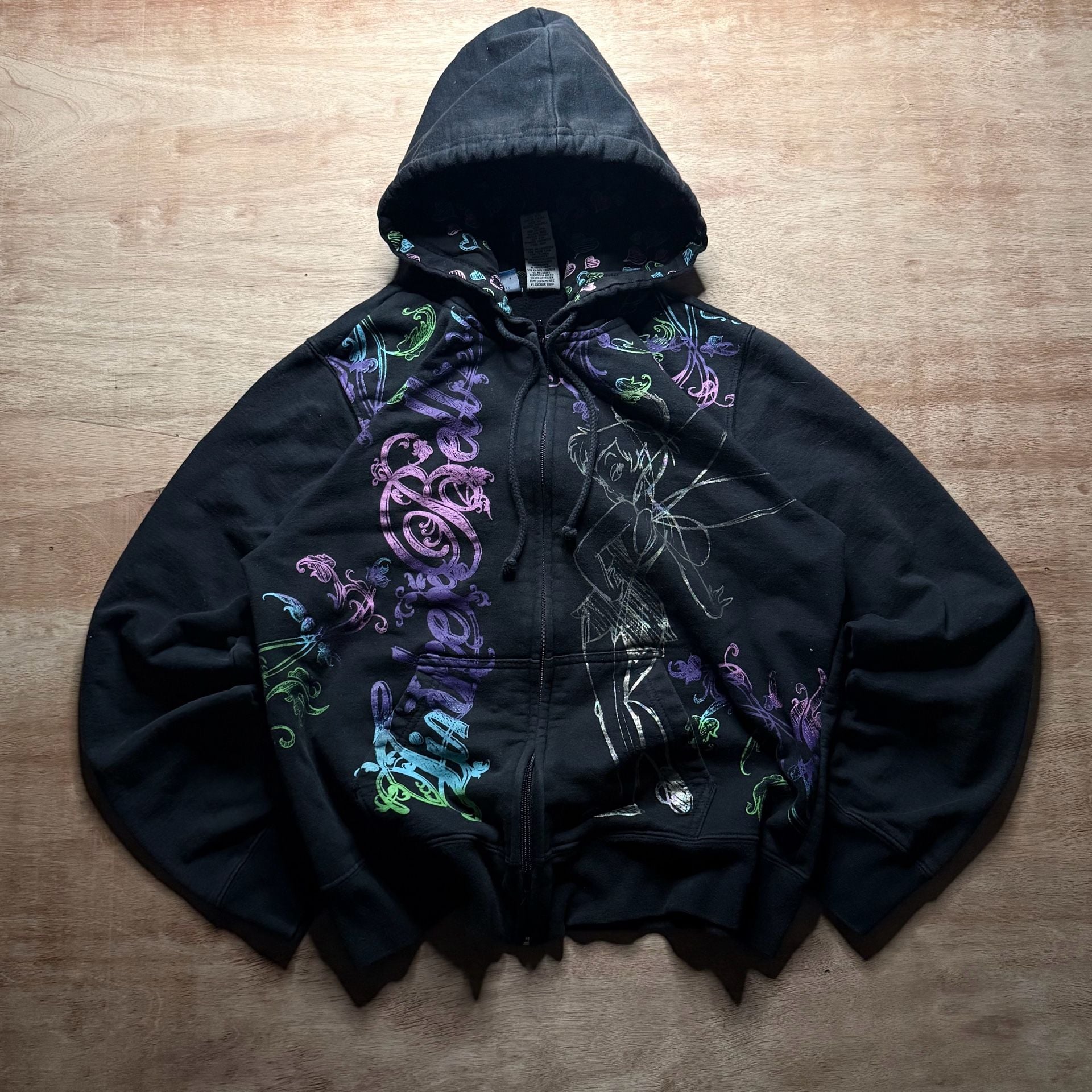 Disney Tinker Bell Zip Up Hoodie Size Youth XL Grunge Black Graphic Fairy 1