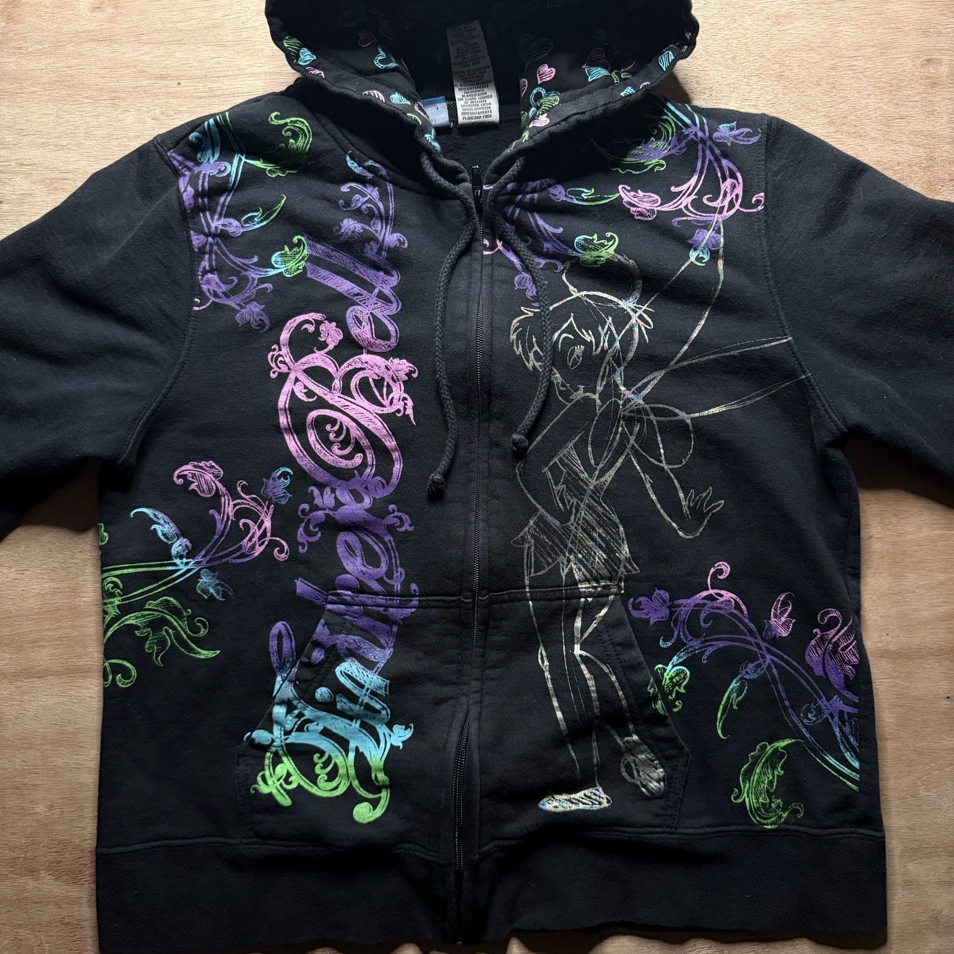 Disney Tinker Bell Zip Up Hoodie Size Youth XL Grunge Black Graphic Fairy 2
