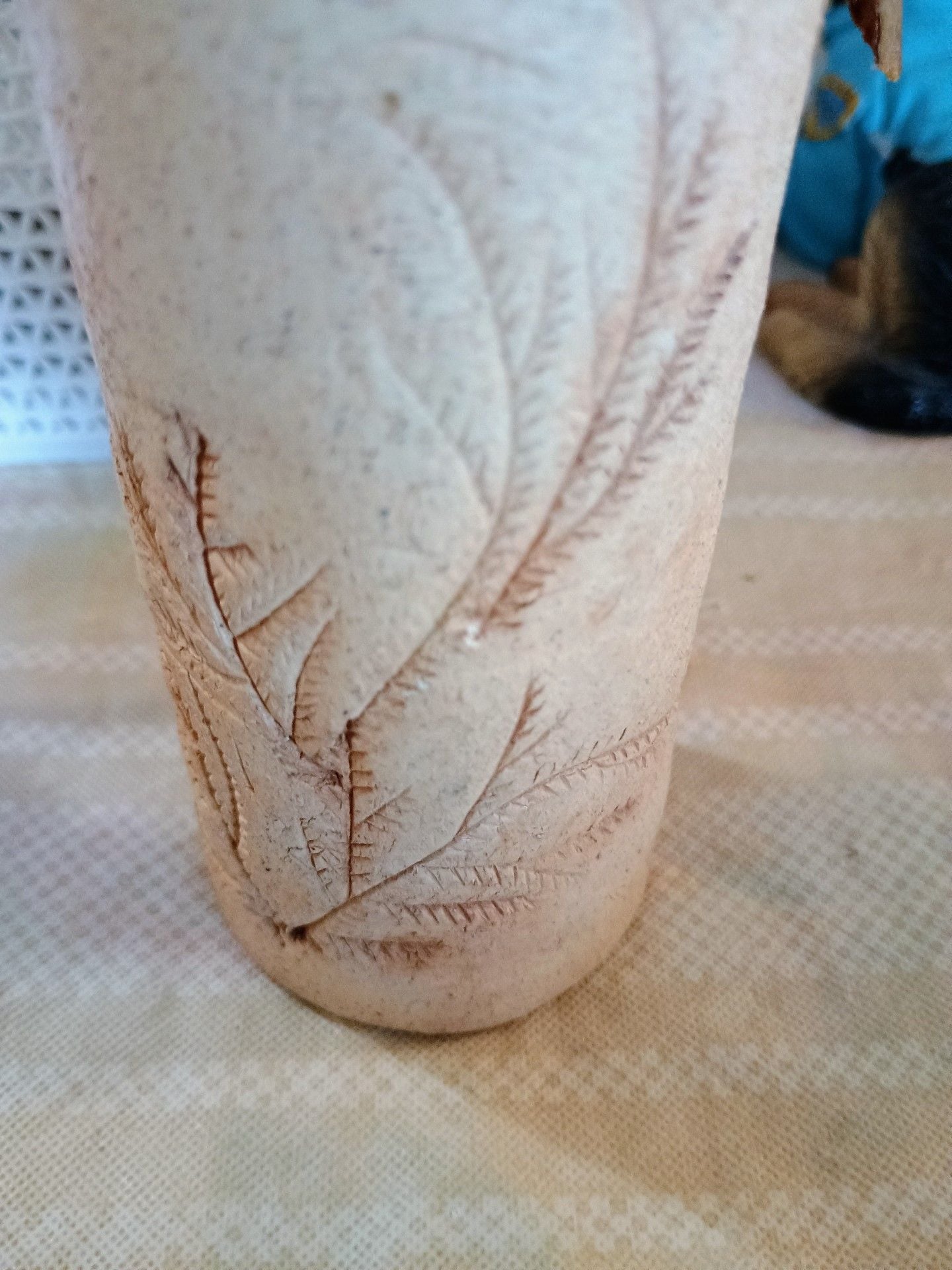 Handmade Studio Pottery Ceramic Vase Leaf Imprint Leather Strap 1
