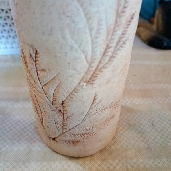 Handmade Studio Pottery Ceramic Vase Leaf Imprint Leather Strap
