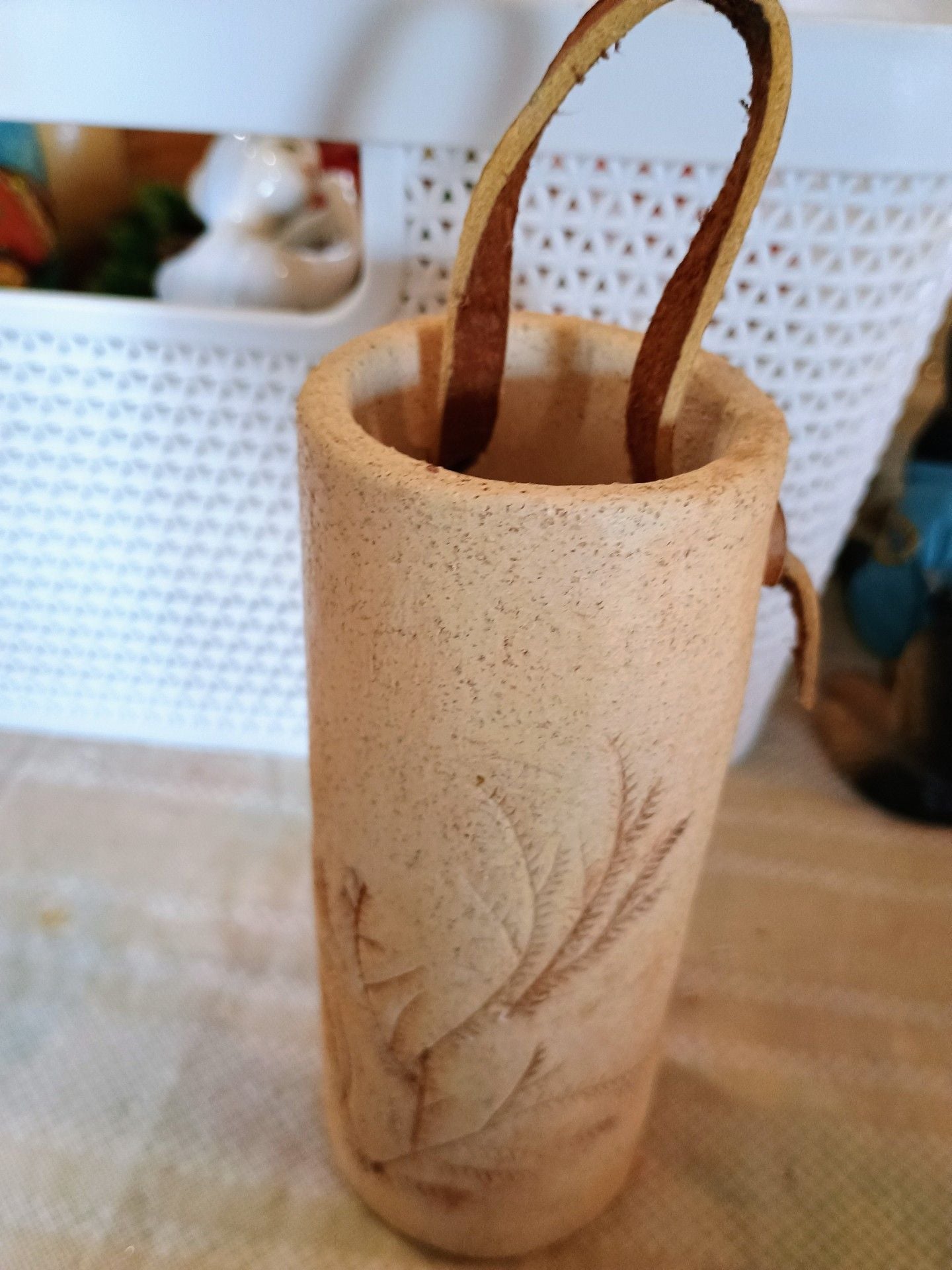 Handmade Studio Pottery Ceramic Vase Leaf Imprint Leather Strap 2