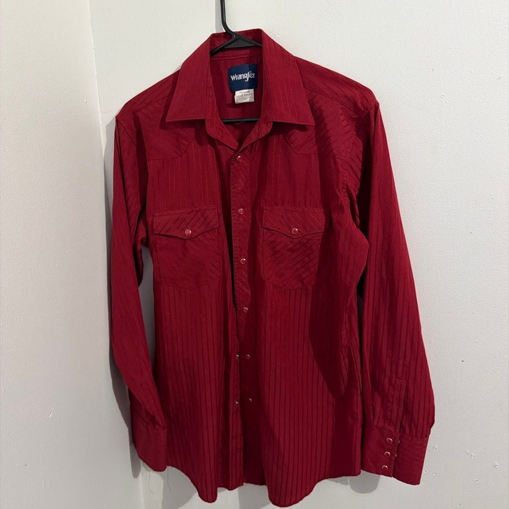 Wrangler Western Snap Dobby Stripe Shirt Size M Red Long Sleeve 2
