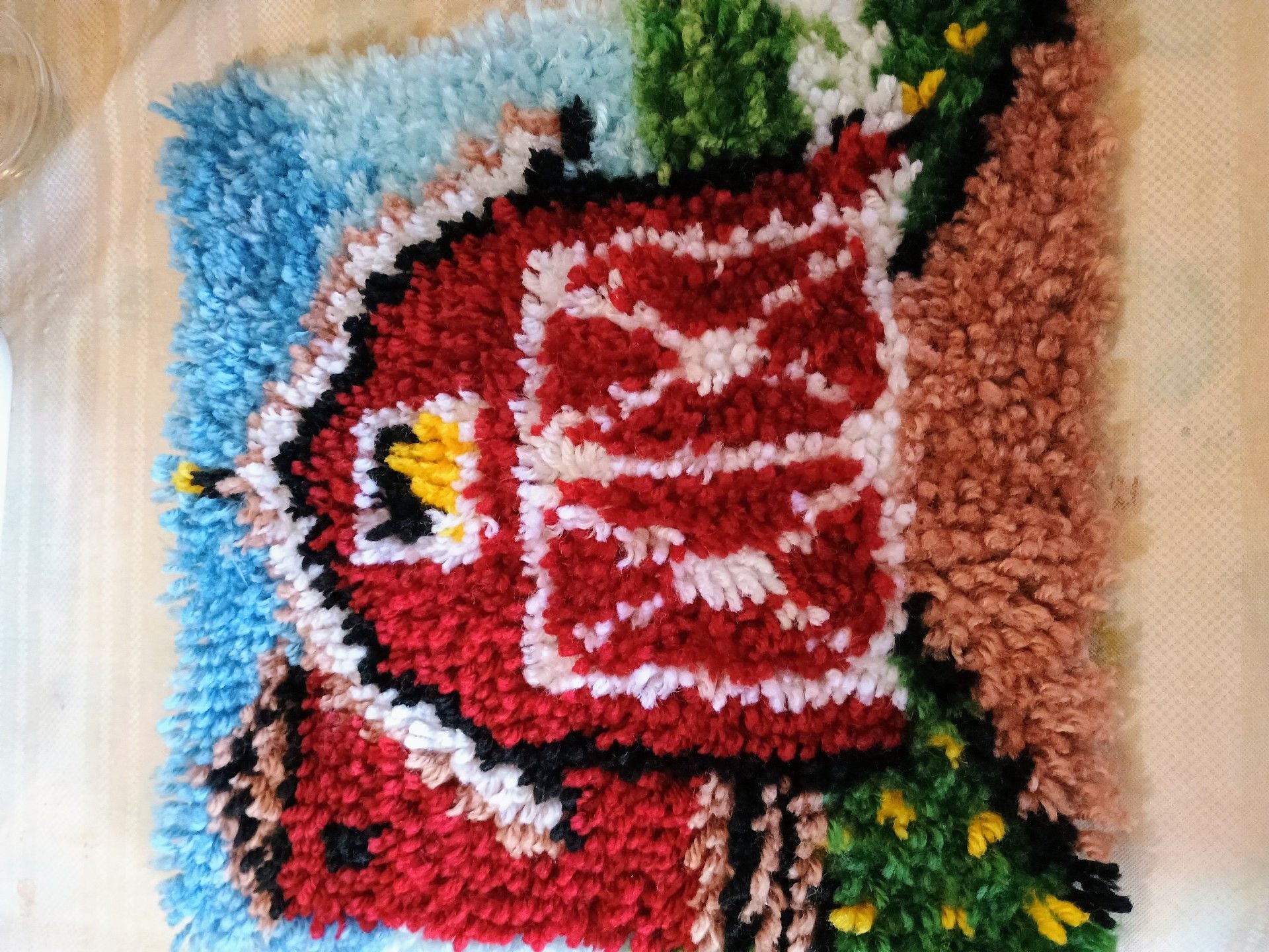 Vintage Handmade Latch Hook Rug Wall Hanging Red Barn Country Scenery 1