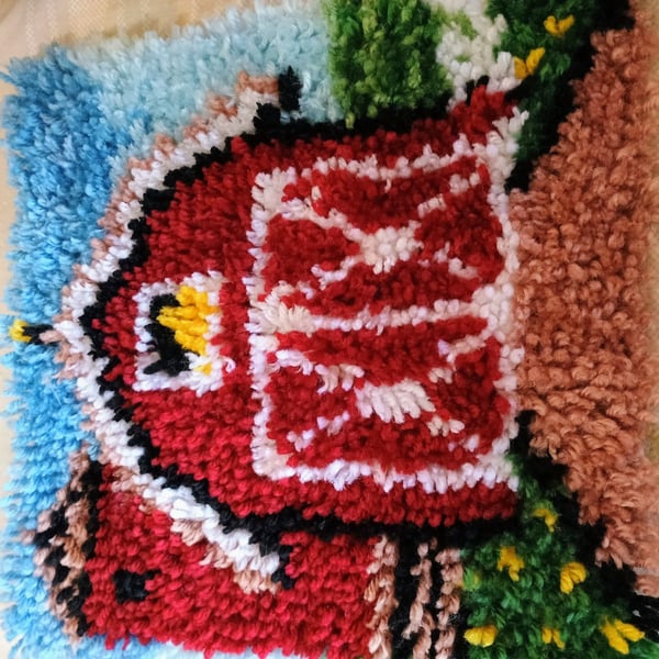 Vintage Handmade Latch Hook Rug Wall Hanging Red Barn Country Scenery