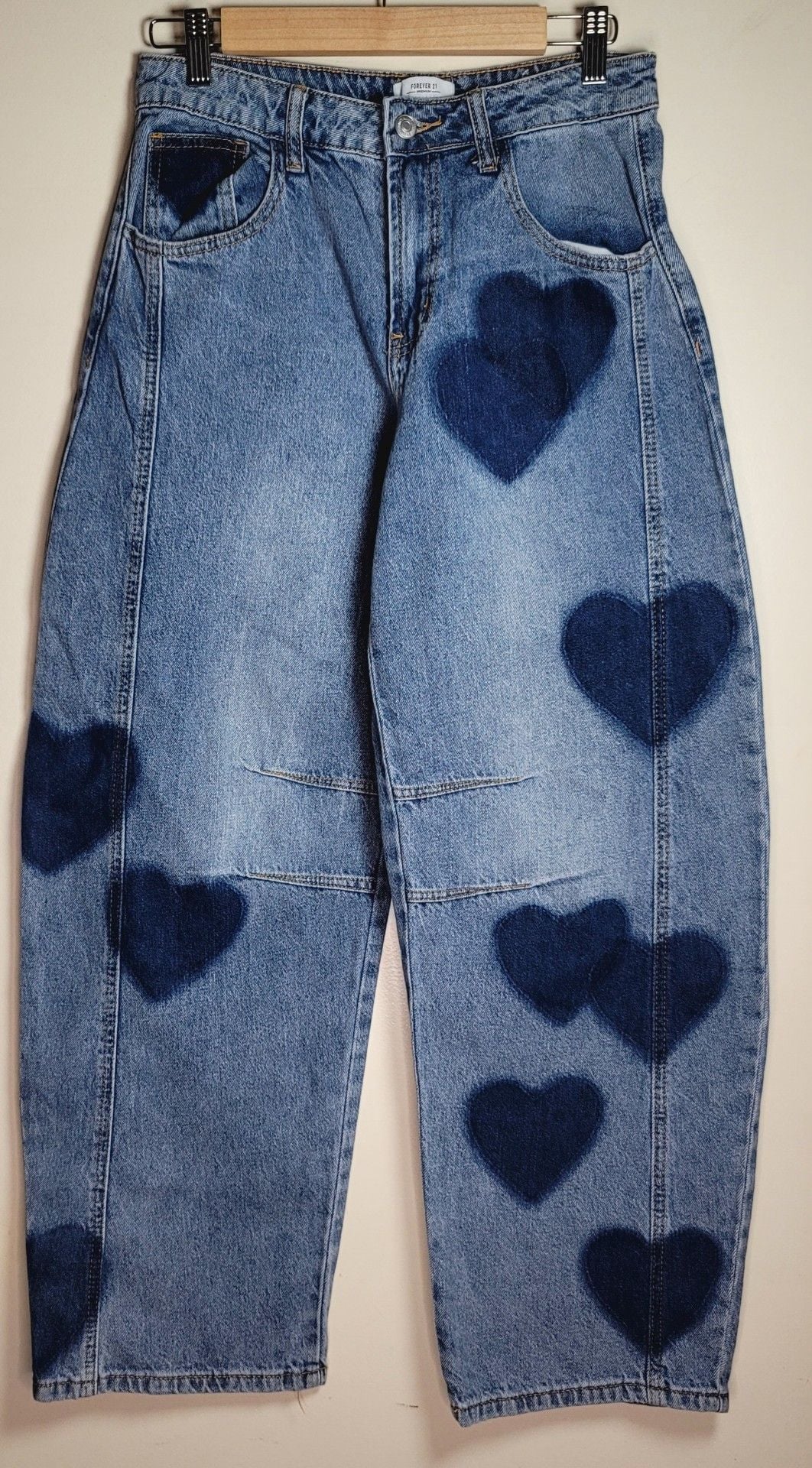 Forever 21 Premium Baggy Jeans Size 26 Blue Heart Print Denim Pants 4