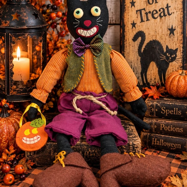 Anthropomorphic Black Cat Doll Halloween Shelf Sitter Folk Art Pumpkin Decor Vtg