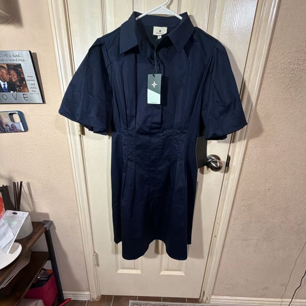 Tuckernuck Shirt Dress Size M Navy Blue Pleated Short Sleeve New