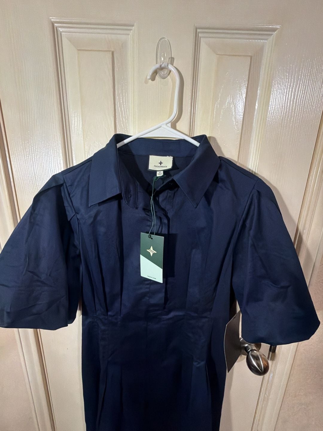 Tuckernuck Shirt Dress Size M Navy Blue Pleated Short Sleeve New 3