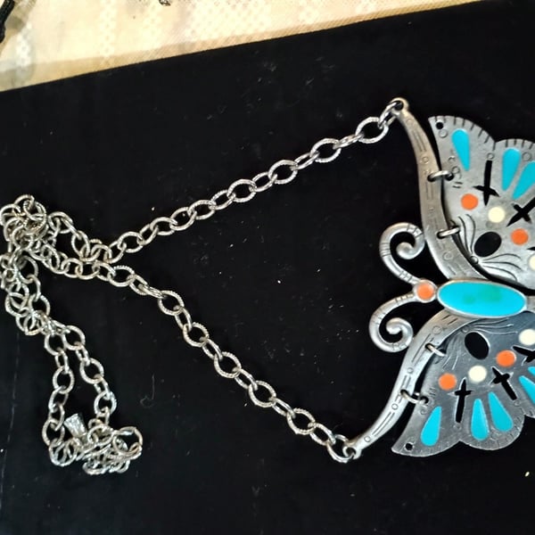 Celebrity Butterfly Necklace Pendant Enamel Vintage Silver Tone