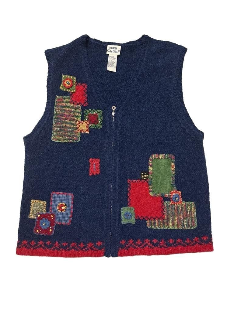 Koret City Blues Zip Knit Vest Size M Navy Blue Patchwork 2