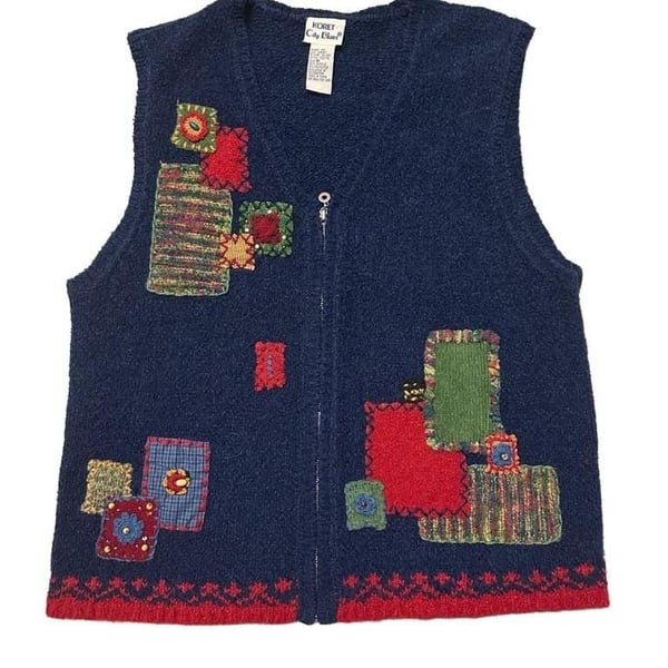 Koret City Blues Zip Knit Vest Size M Navy Blue Patchwork