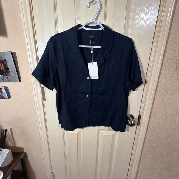 Quince Camp Shirt Size S Navy Linen Short Sleeve Button Down Top