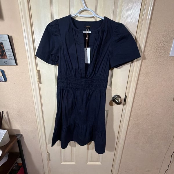 Quince Organic Cotton Tiered Mini Dress Size S Navy