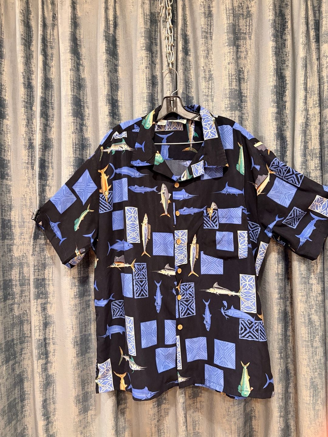 Vintage cotton Hawaiian Shirt XXL Black Fish Print Short Sleeve 2
