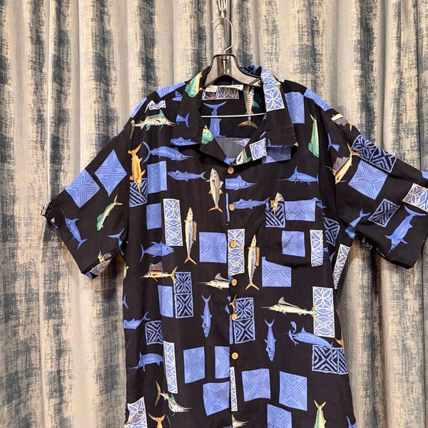 Vintage cotton Hawaiian Shirt XXL Black Fish Print Short Sleeve