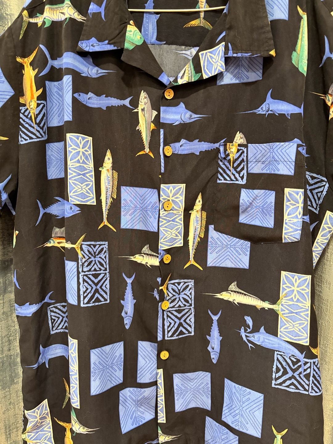 Vintage cotton Hawaiian Shirt XXL Black Fish Print Short Sleeve 4