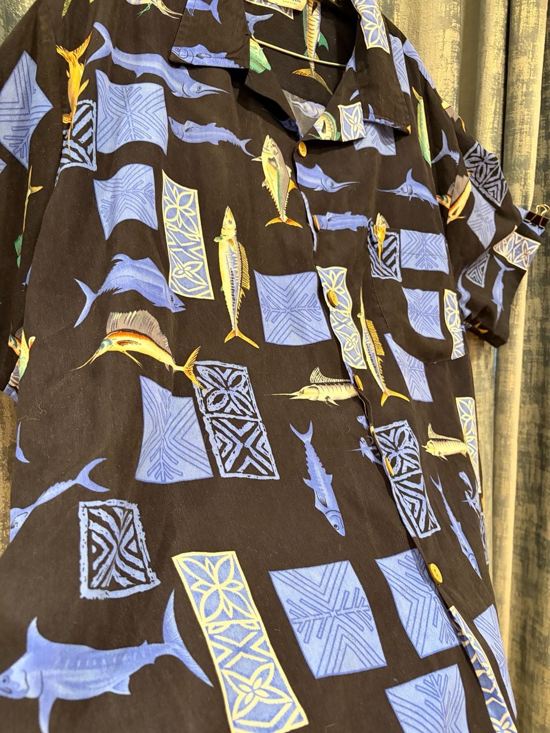 Vintage cotton Hawaiian Shirt XXL Black Fish Print Short Sleeve 5