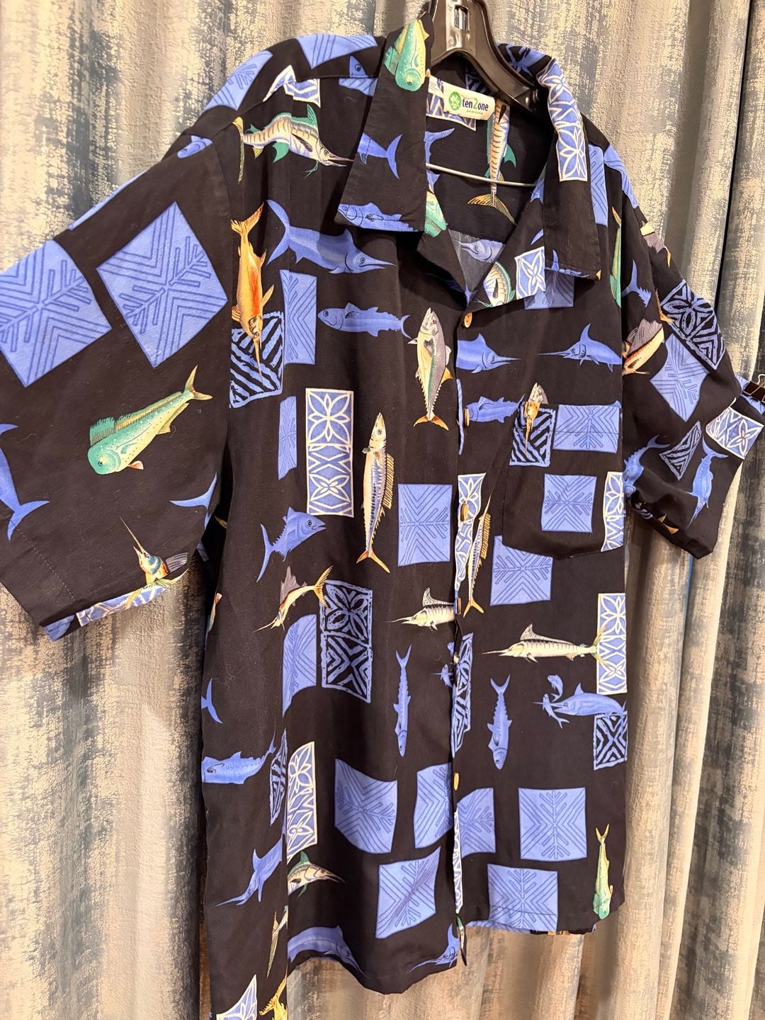 Vintage cotton Hawaiian Shirt XXL Black Fish Print Short Sleeve 6