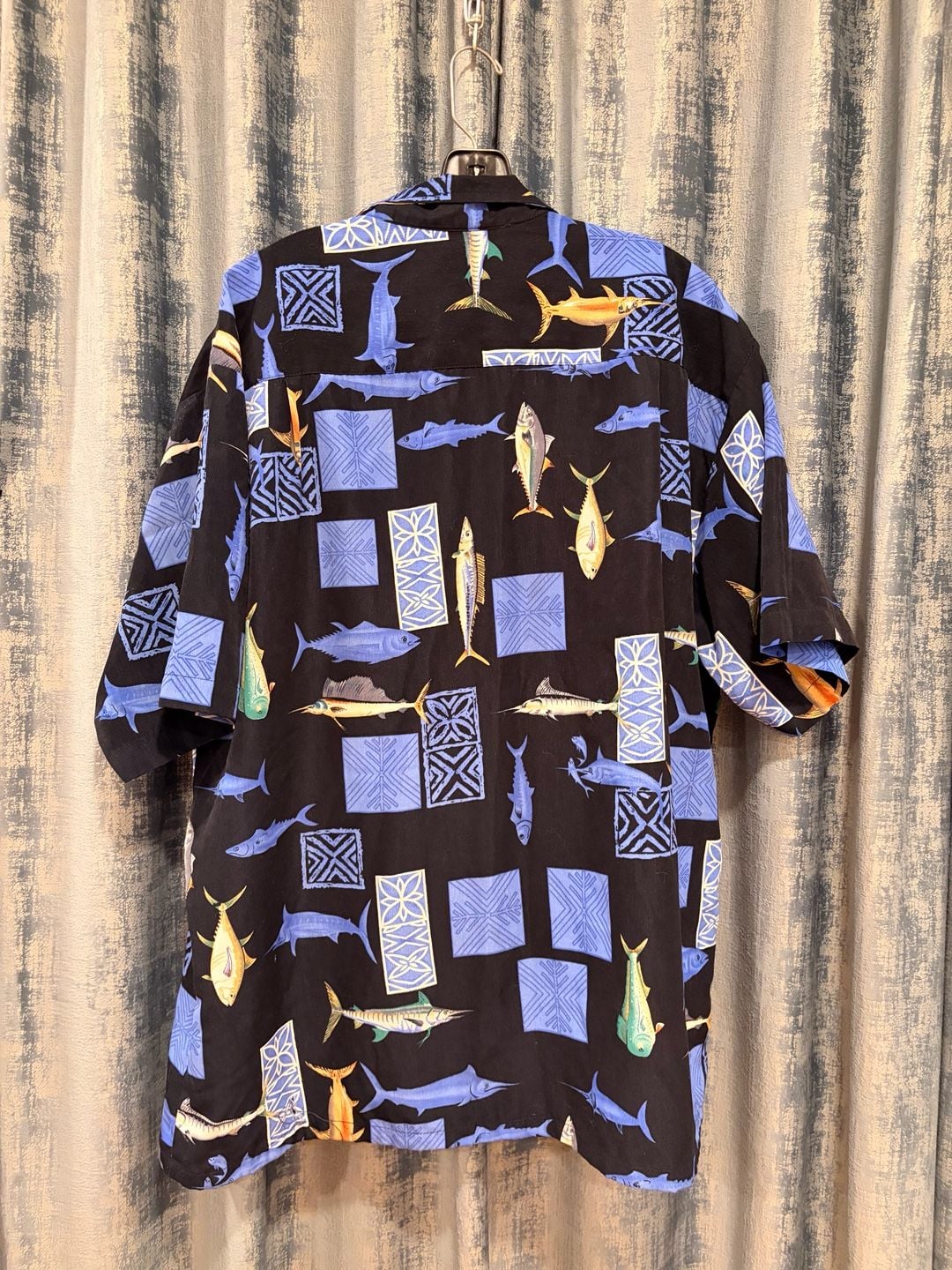 Vintage cotton Hawaiian Shirt XXL Black Fish Print Short Sleeve 7