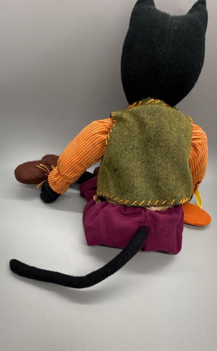 Anthropomorphic Black Cat Doll Halloween Shelf Sitter Folk Art Pumpkin Decor Vtg 7