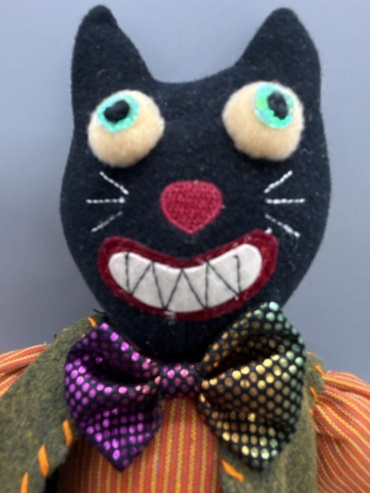 Anthropomorphic Black Cat Doll Halloween Shelf Sitter Folk Art Pumpkin Decor Vtg 9