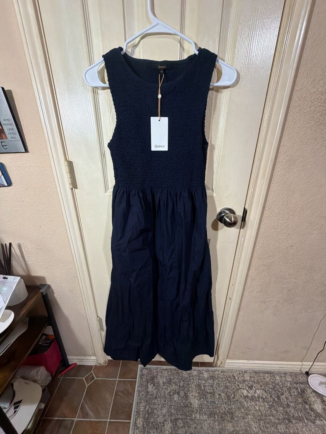 Quince Organic Cotton Poplin Smocked Midi Dress Size XS Black 2