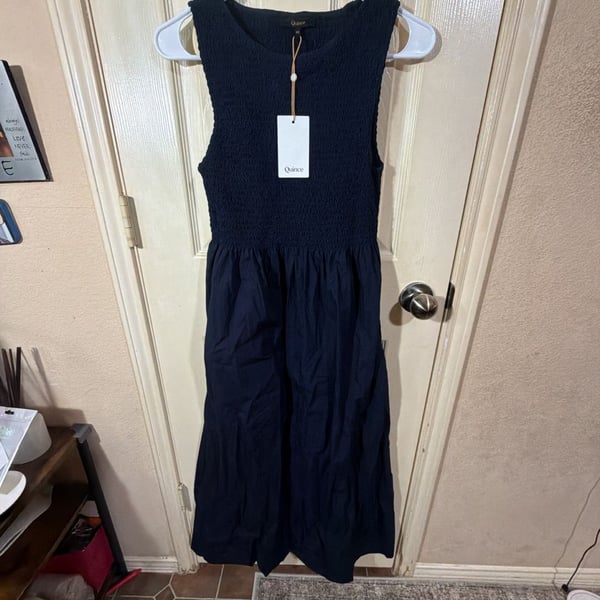 Quince Organic Cotton Poplin Smocked Midi Dress Size XS Black