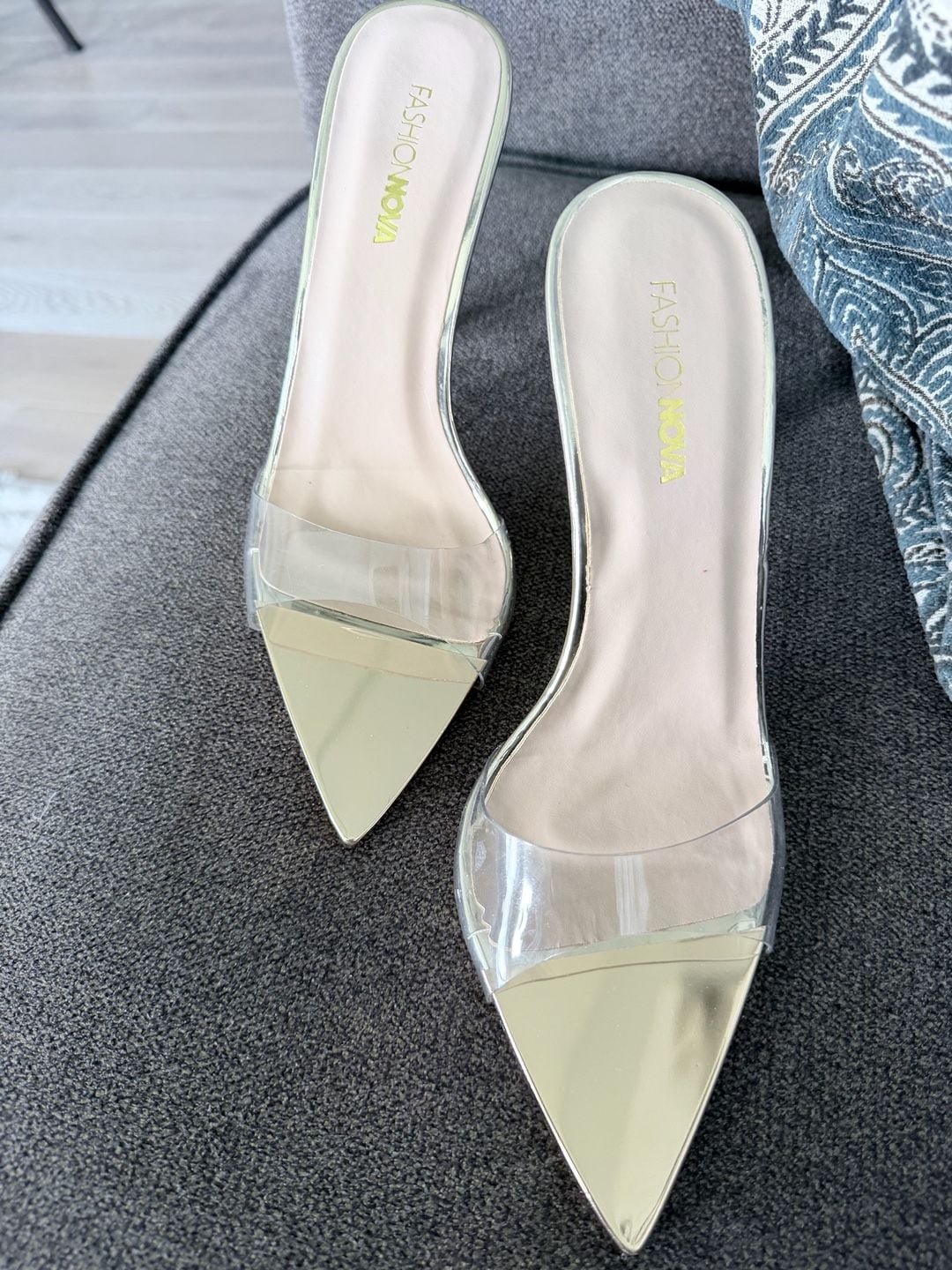 Fashion Nova Pointed Toe Clear Heel Mule Sandals Gold Size 8 2