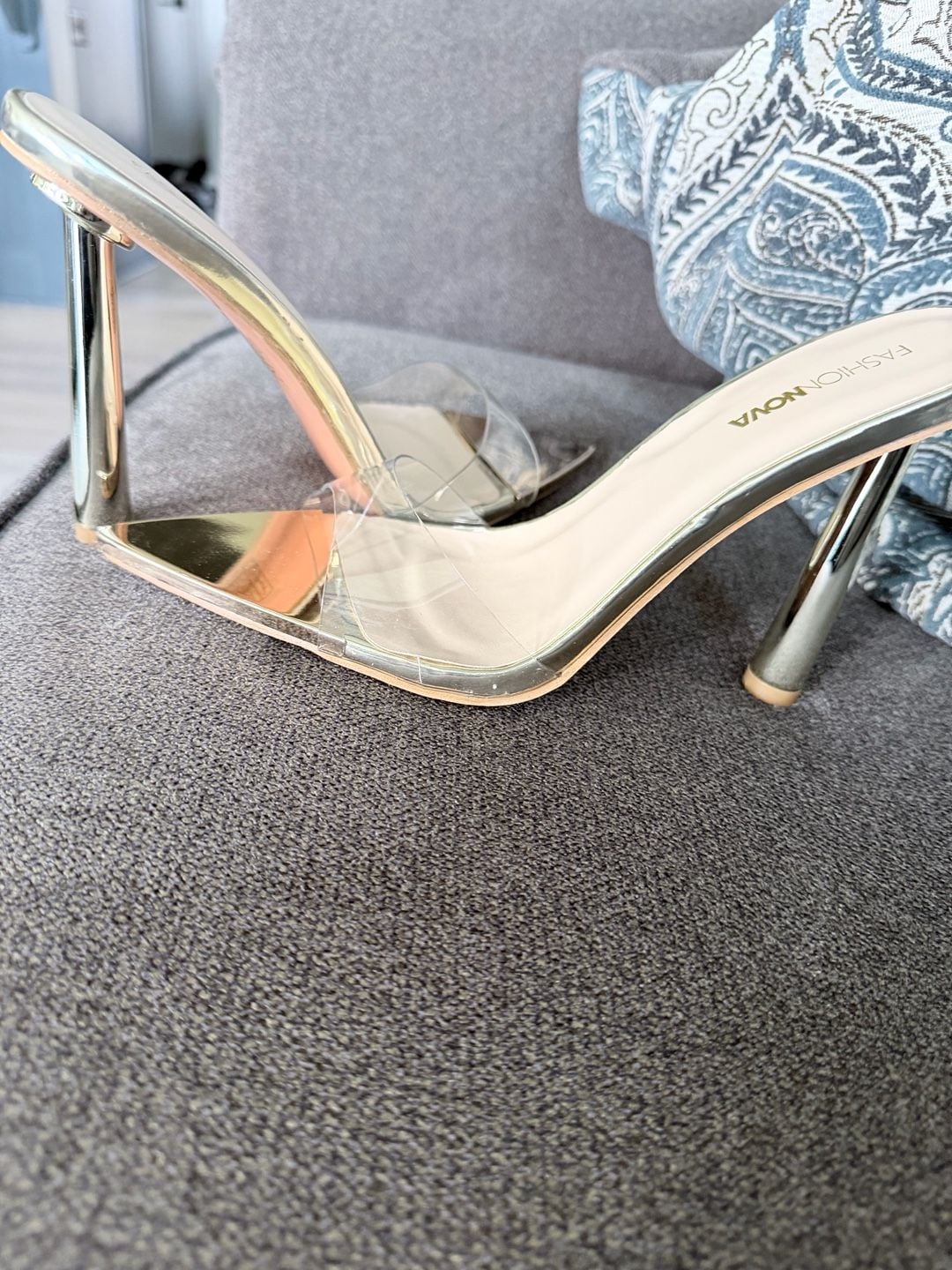 Fashion Nova Pointed Toe Clear Heel Mule Sandals Gold Size 8 3