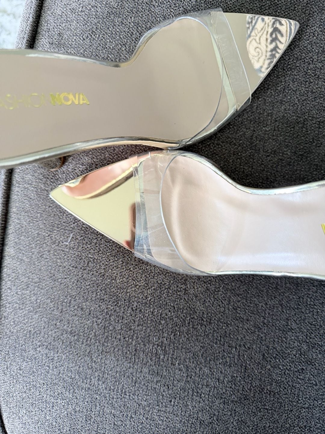 Fashion Nova Pointed Toe Clear Heel Mule Sandals Gold Size 8 4