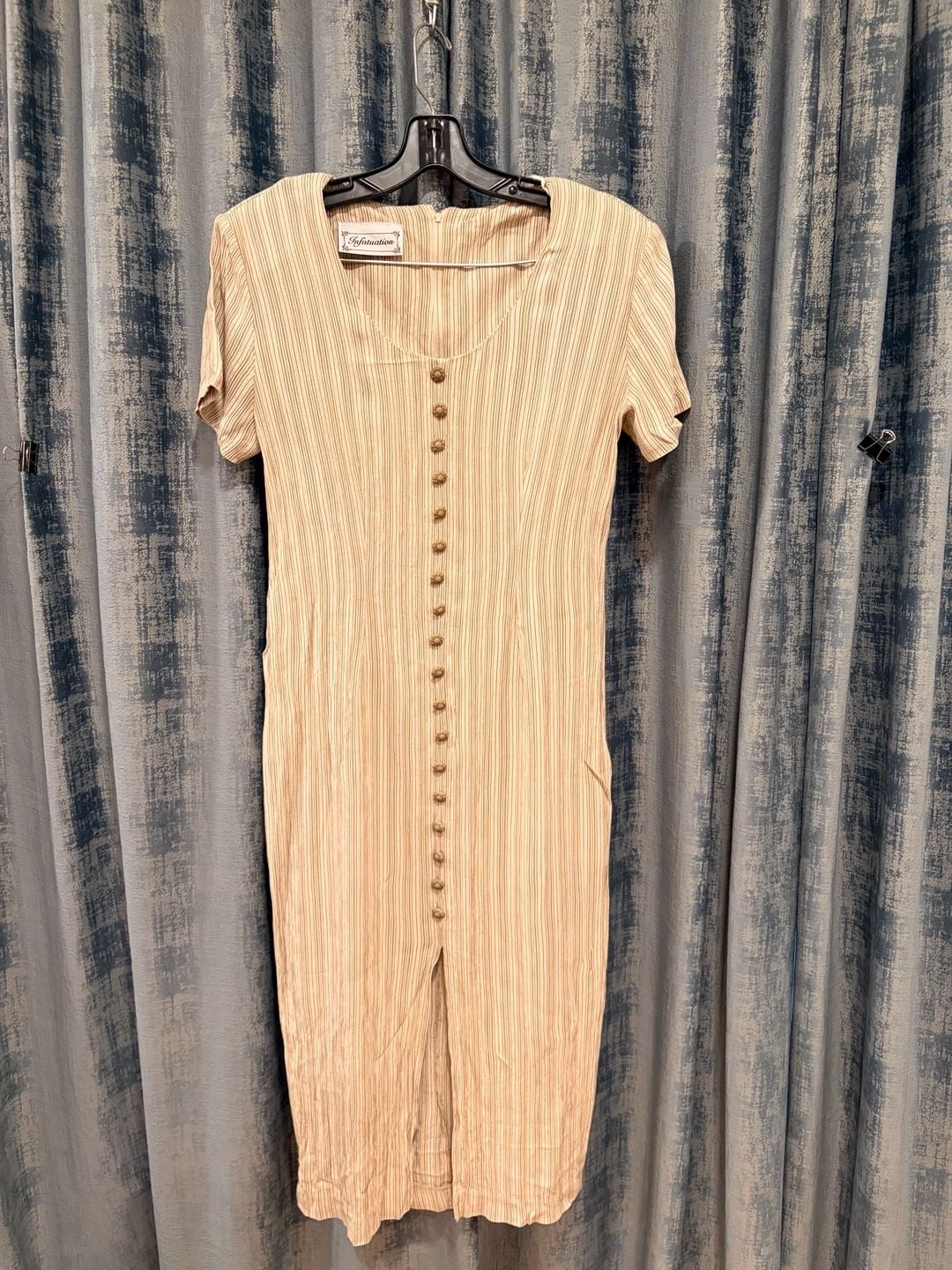 Vintage Infatuation Striped Midi Dress Beige Striped Front Buttons 2