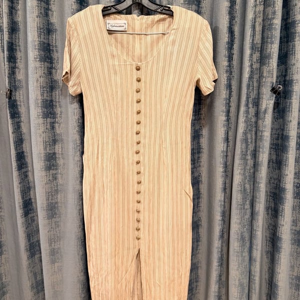 Vintage Infatuation Striped Midi Dress Beige Striped Front Buttons
